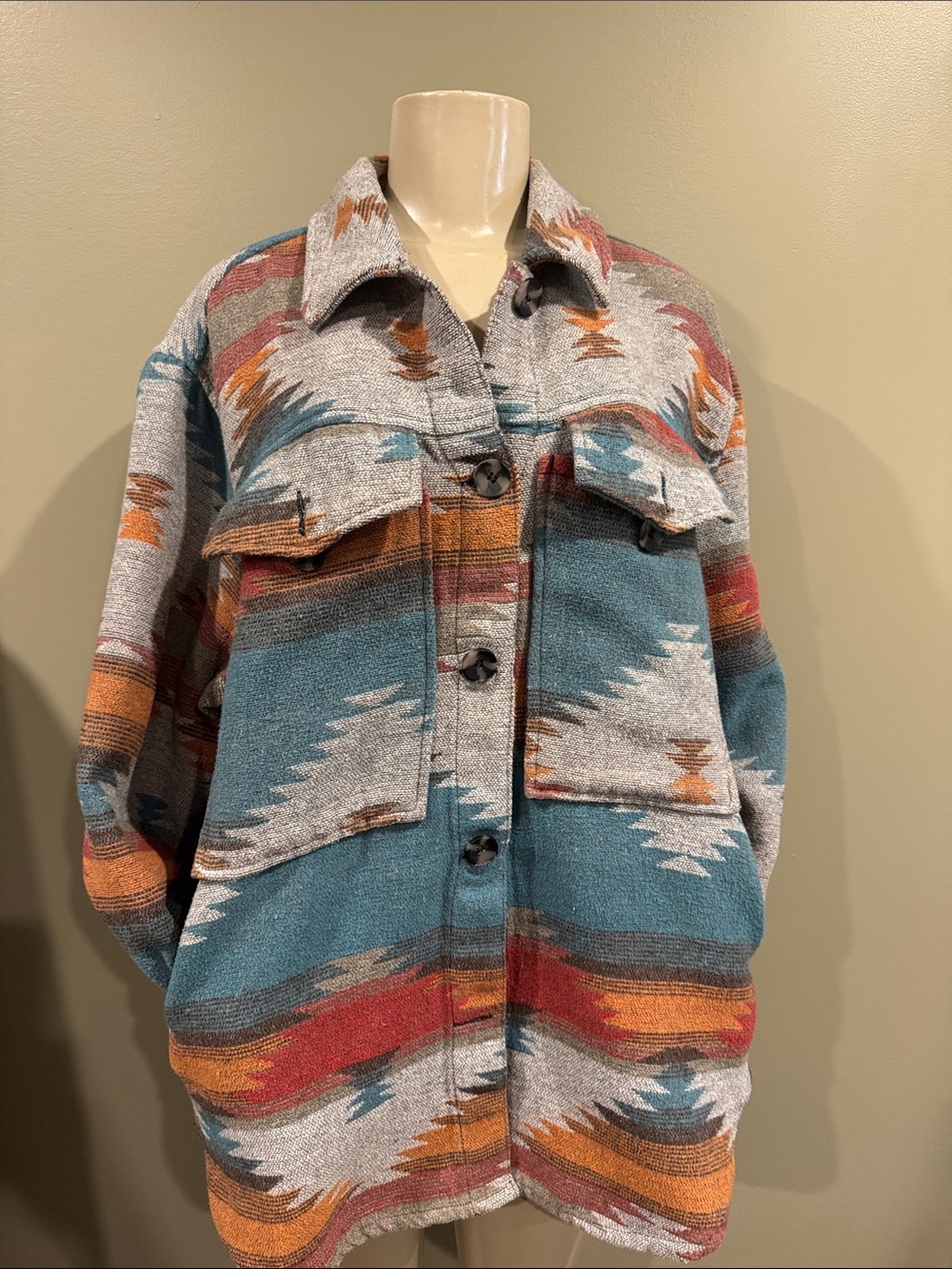 Dictionary Southwestern Aztec Shacket in Teal, Rust & Cream size L/XL